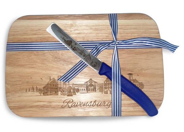 Vesper-Set Ravensburg Holzbrett groß mit Messer blau